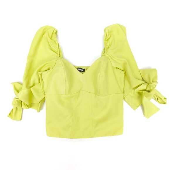 NEW Express y2k Cottagecore Puff Sleeve Corset Smocked Crop Top XS Neon Green - Picture 1 of 8